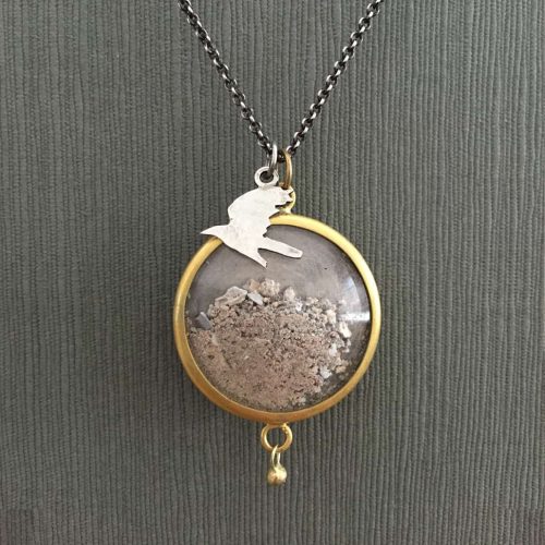 Pet Memorial Jewelry Cremation Ashes Sterling Silver and Gold with Bird Charm