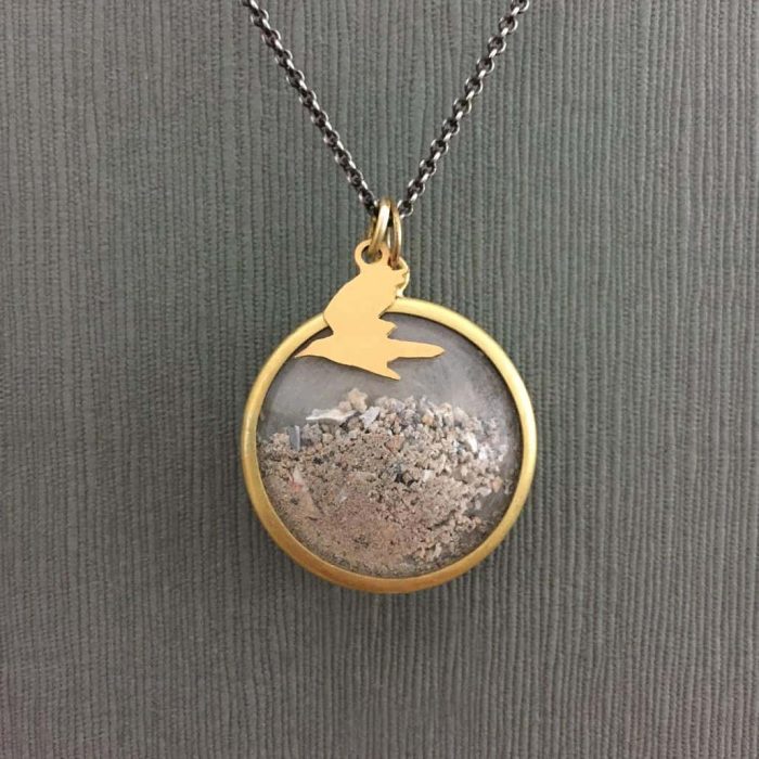 Pet Memorial Jewelry Gold Cremation Ashes Sterling Silver and Gold with Glass Lens and Bird Charm